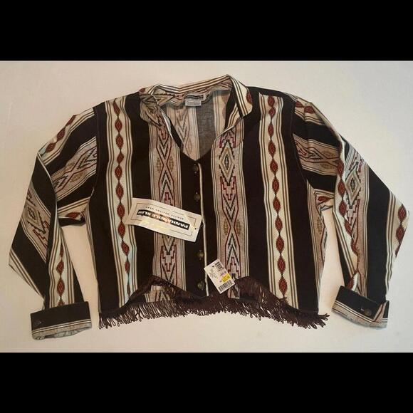 Vintage  90s Panhandle Cropped Fringe Shirt Womens XL Aztec Western Cowgirl NEW - Picture 1 of 9